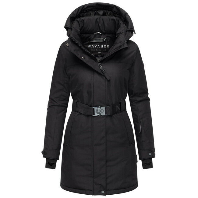 Navahoo FROSTKUSS 14 damen Winterparka mit abnehmbarer Kapuze und Gürtel, schwarz