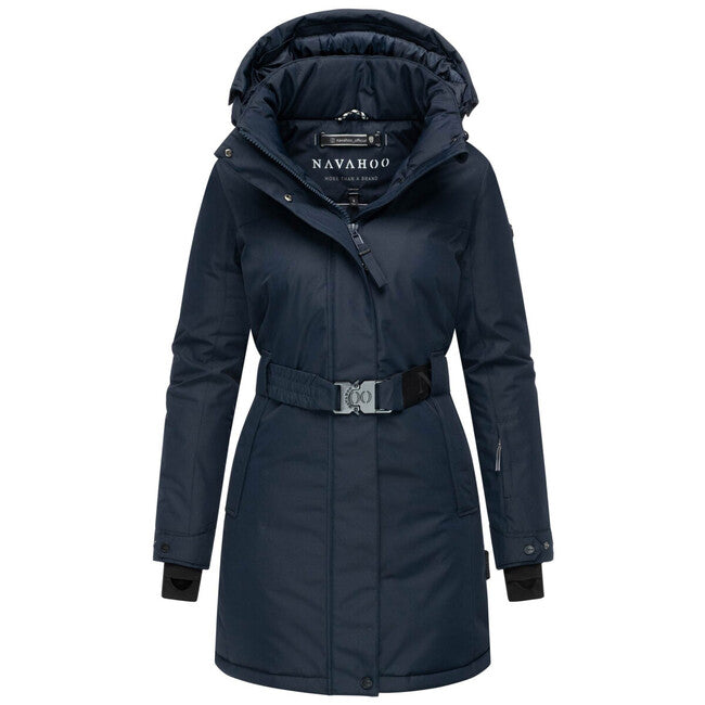 Navahoo FROSTKUSS 14 damen Winterparka mit abnehmbarer Kapuze und Gürtel, navy