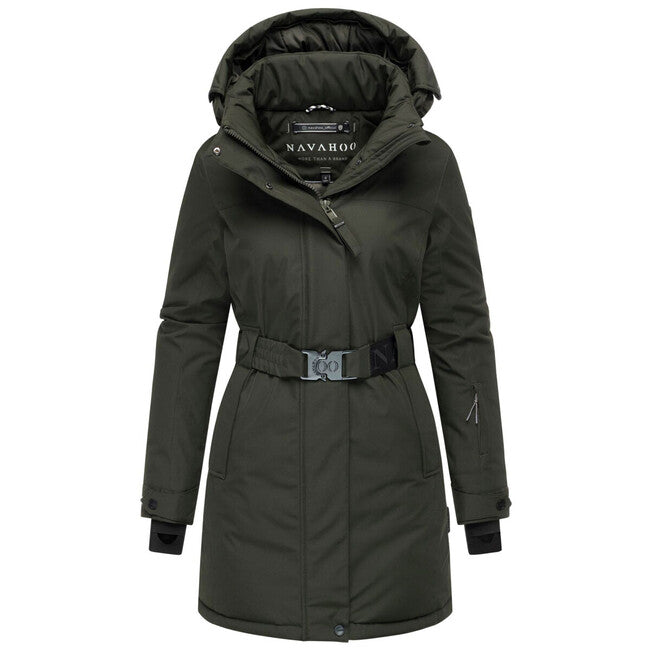 Navahoo FROSTKUSS 14 damen Winterparka mit abnehmbarer Kapuze und Gürtel, dark olive