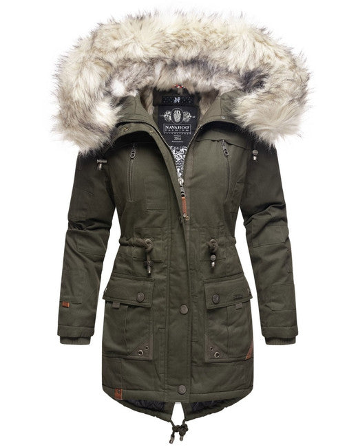 Navahoo Honigfee damen Winterjacke mit Kapuze und Fell, olivgrün