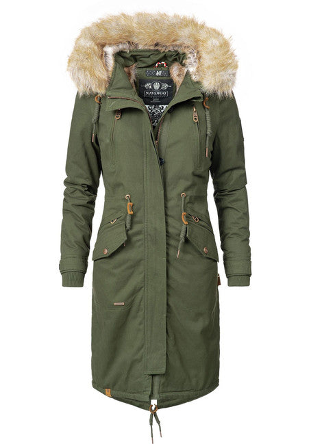 Navahoo KIN-JOO damen Winterjacke mit Kapuze und Fell, olivgrün