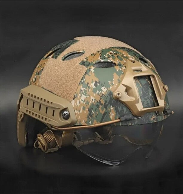DRAGOWA Tactical Taktická helma Fast PJ s okuliarmi Bolt, Digital Woodland (bez certifikácie)