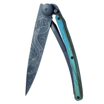 Deejo-Schließmesser, schwarzes Tattoo, blaue Buche, Fisch