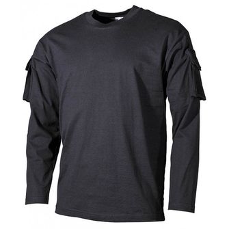 MFH US Schwarz langes T-Shirt mit Velcro-Taschen auf den Ärmeln, 170g/m2